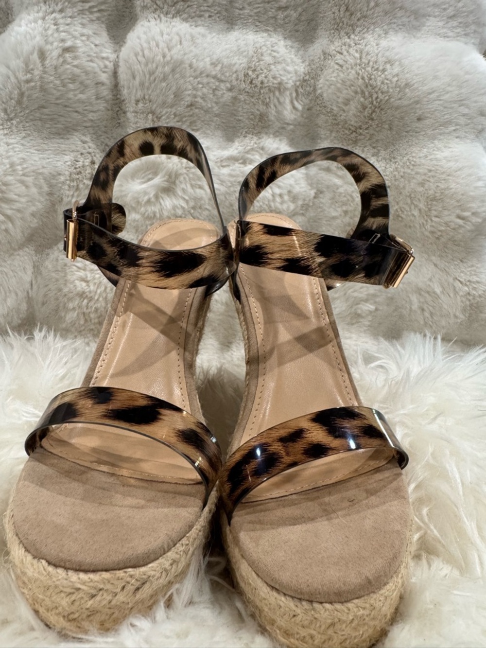 JustFab Leopard Print Espadrille Wedge Sandals - Tan/Black